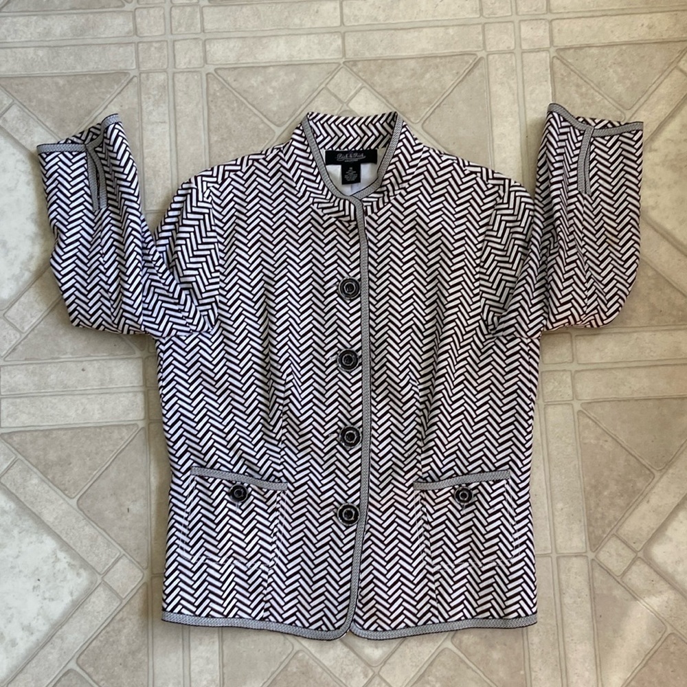 Peck & Peck Suit Jacket Size 10 Brown/Cream Linen Mandarin Collar